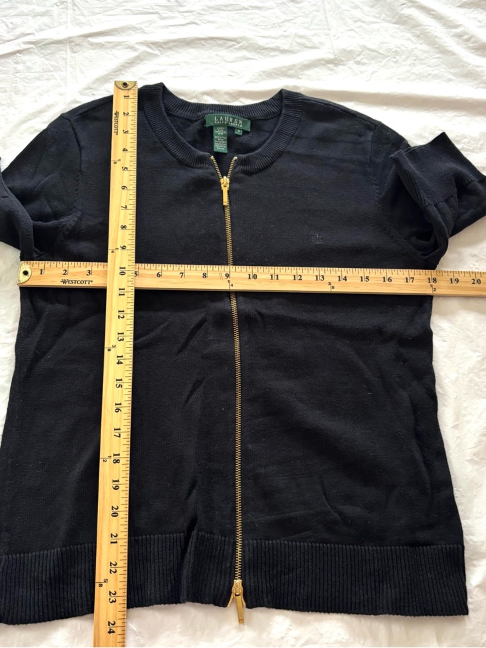 NWOT Lauren Ralph Lauren Black Gold Zip-Front Cotton Short Sleeve Cardigan SZ M - Picture 4 of 9